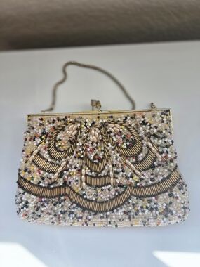 Beaded Multicolor Pearl Evening Clutch - Ivory Base